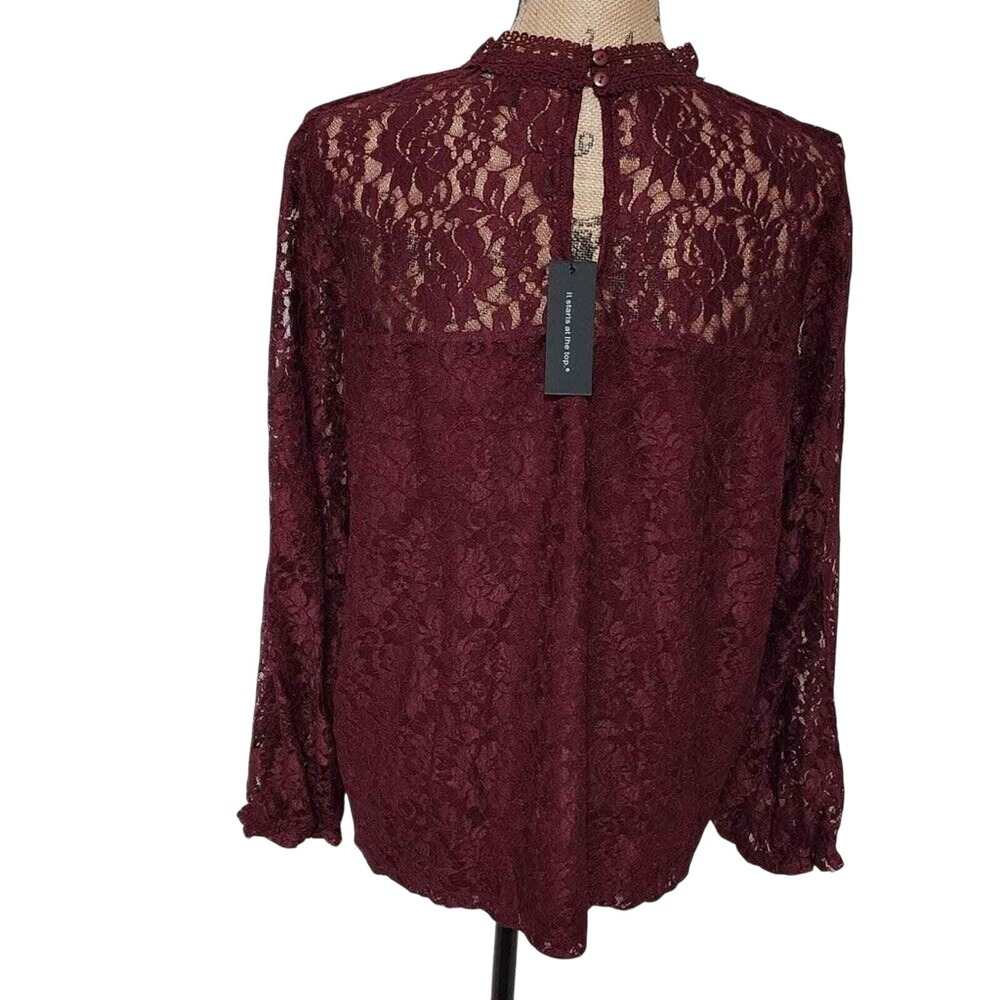 Cable & Gauge Burgundy Lace Mock Neck Long Sleeve Blouse Elegant Romantic 3X New - Picture 5 of 8